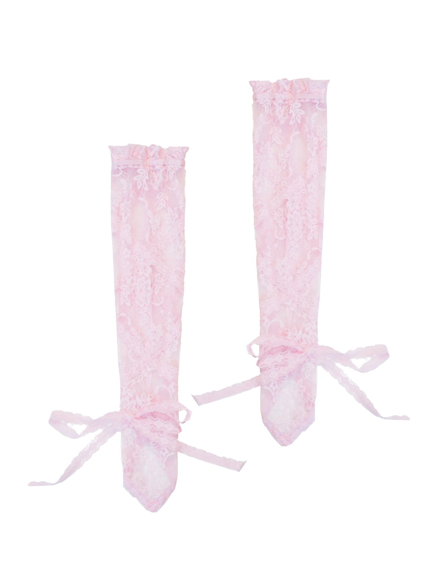 Pair of pink arm warmers with lace details on a white background